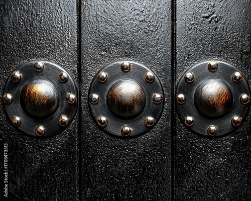 Dark wooden panels with ornate metal studs