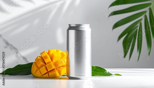 Silver can with water droplets beside ripe mangoes and green leaves—clean tropical setup on white surface.