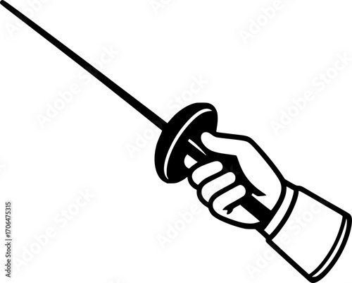 Minimalist black and white vector of a fencing glove holding a foil, sleek silhouette illustration for sports posters, martial arts training, competition visuals, and modern graphic design.