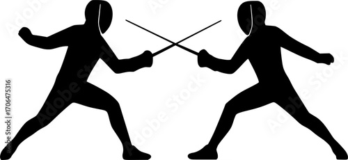 Minimalist black silhouette vector of two épée fencers attacking simultaneously, sleek illustration for sports posters, martial arts training, competition visuals, and modern graphic design.