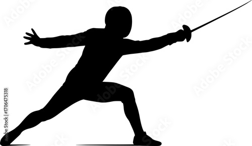 Minimalist black and white vector of a fencing sabre fighter attacking, sleek silhouette illustration for sports posters, martial arts training materials, competition visuals, and modern graphic desig