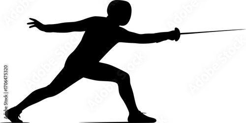 Minimalist black and white vector of a fencer performing a counterattack, sleek silhouette illustration for sports posters, martial arts training, competition visuals, and modern graphic design.