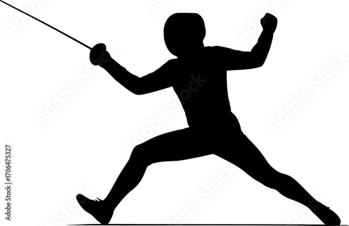 Minimalist black and white vector of a fencer in a dynamic pose, sleek silhouette illustration for sports posters, martial arts training, competition visuals, and modern graphic design.