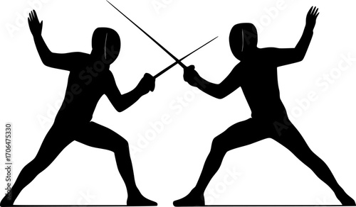 Minimalist black and white vector of fencing action with parry and riposte, sleek silhouette design for sports guides, martial arts training visuals, competition posters, and modern graphic projects.