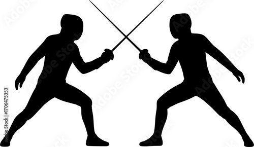 Minimal monochrome vector of two fencers crossing swords, sleek black and white silhouette illustration for posters, competition visuals, martial arts training, and elegant graphic design.