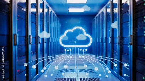 Cloud computing technology concept with server room and data center infrastructure