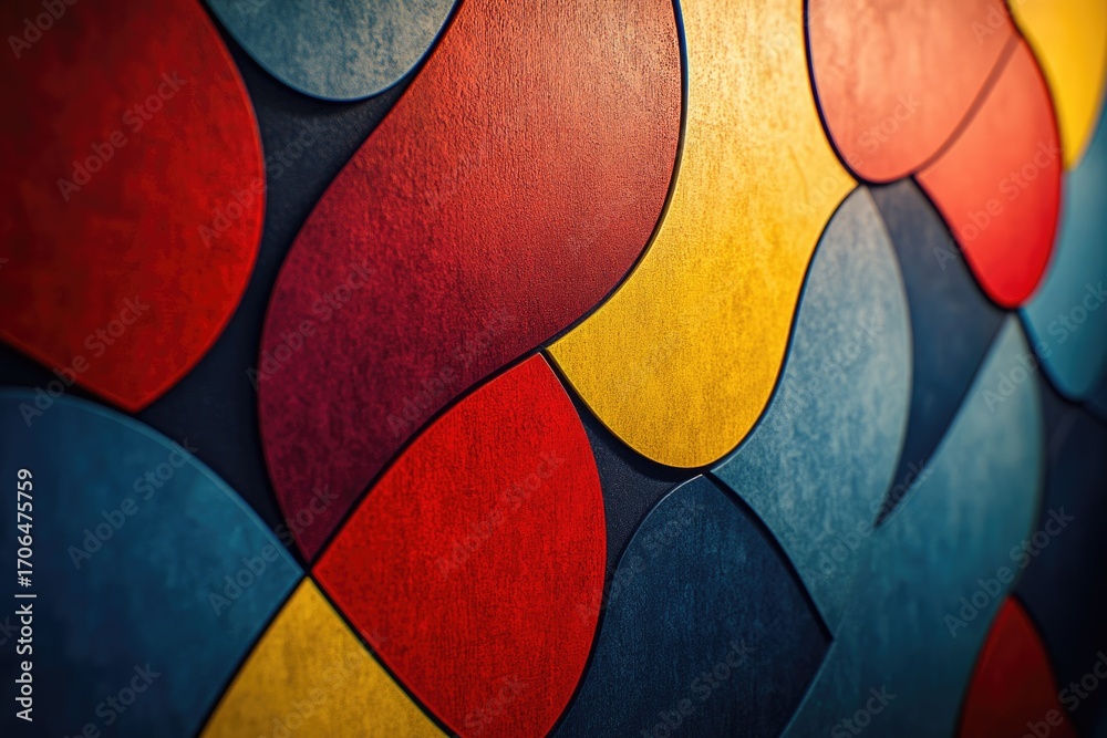 Fototapeta premium Abstract wall art featuring colorful, organic shapes in red, yellow, and blue hues.