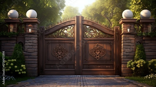 Majestic ornamented gate leading to a verdant garden with intricate detailing and classic design