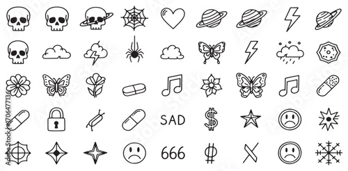 Doodles Line Art Symbols Skulls Butterflies Planets Weather Music Flowers Stars Spiderweb Lock Pills and Emojis Drawing