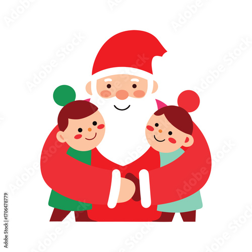 santa hugging kids cartoon on white background