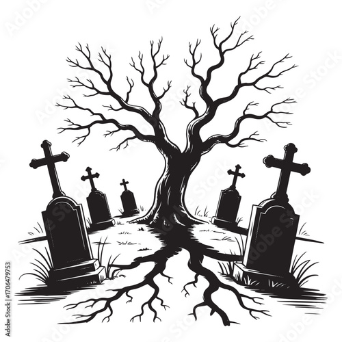 Silhouettes Haunted Graveyard Vector Illustration with Tombstone, Angel, and Bare Tree