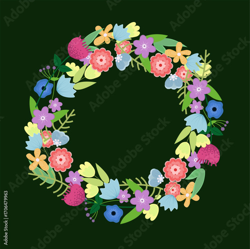 Summer wreath of flowers and leaves, poppies, bells, daisies, summer, plants, flora, pattern, wreath