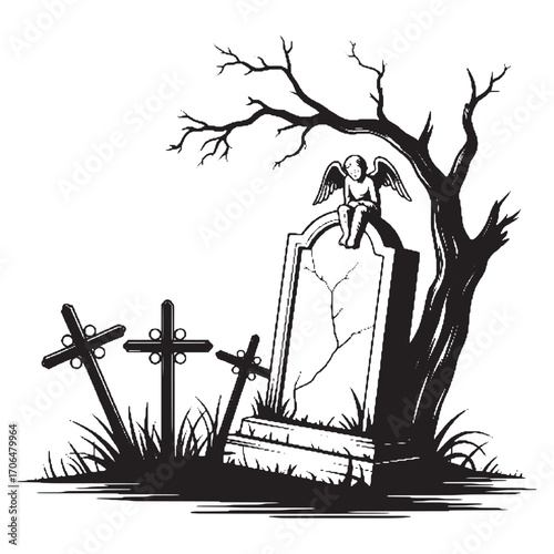 Haunted Graveyard Vector Illustration with Tombstone, Angel, and Bare Tree Black 