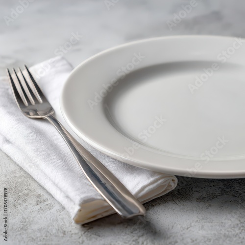 Monochromatic Elegance - A Minimalist Place Setting with Fork and Plate on a Stone Table.