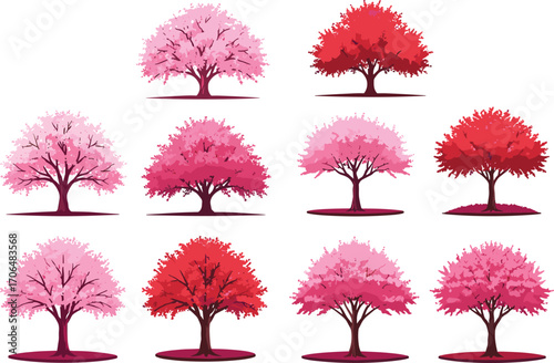 Pink and red blooming trees, spring cherry blossom illustration, seasonal colorful tree collection, natural forest art, floral landscape scene