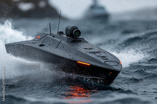 Futuristic autonomous drone boat with surveillance camera speeding through rough sea