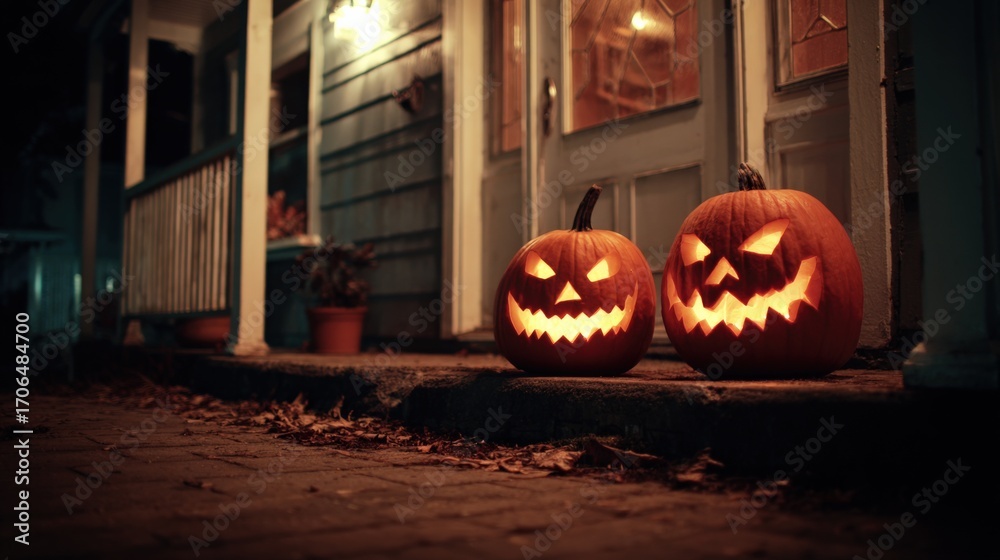 Fototapeta premium Two luminous carved pumpkins glow on dark house porch steps during Halloween evening.