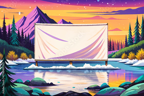 white banner across icy frozen lake illustration vector, wilderness background, outdoor natural placement, rustic solitude horizon, scenic creative mockup surface, dramatic minimal design