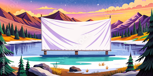 white banner across icy frozen lake illustration vector, wilderness background, outdoor natural placement, rustic solitude horizon, scenic creative mockup surface, dramatic minimal design