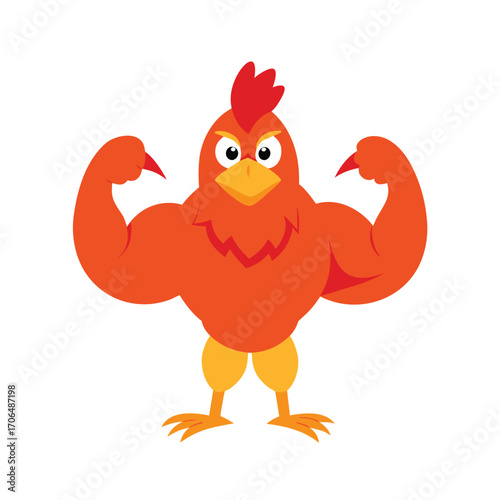 strong cartoon chicken mascot on white background