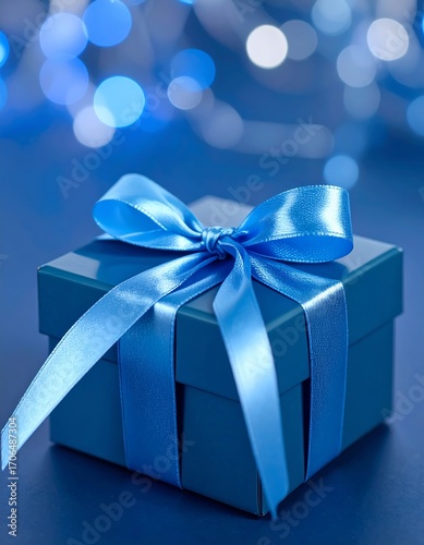 Teal gift box with light-blue ribbon bow, bokeh background