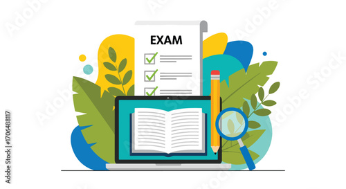 Flat illustration of exam checklist with pencil, laptop, and magnifying glass, symbolizing online learning, digital exams, study preparation, and modern education tools for students