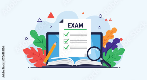Flat illustration of exam checklist with pencil, laptop, and magnifying glass, symbolizing online learning, digital exams, study preparation, and modern education tools for students