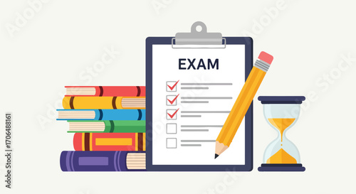 Flat illustration of exam checklist on clipboard with large pencil, books, and hourglass, symbolizing study preparation, academic testing, deadlines, and time management in education