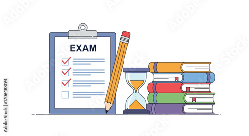 Flat illustration of exam checklist on clipboard with large pencil, books, and hourglass, symbolizing study preparation, academic testing, deadlines, and time management in education