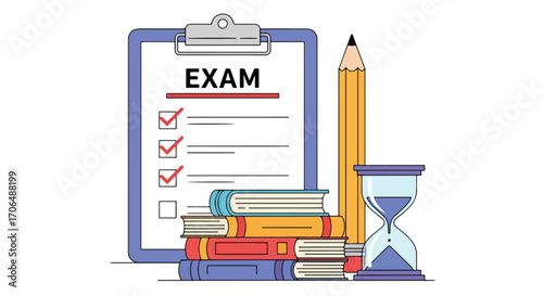 Flat illustration of exam checklist on clipboard with large pencil, books, and hourglass, symbolizing study preparation, academic testing, deadlines, and time management in education