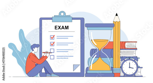 Flat illustration of student completing exam checklist at desk with books, clock, and hourglass, symbolizing study preparation, academic deadlines, focus, and time management in education
