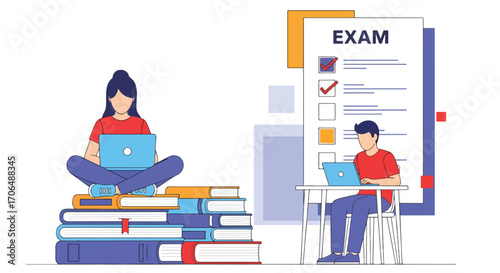 Flat illustration of students preparing for exam with laptops, sitting on books and at desk with checklist, representing online learning, study preparation, and digital education