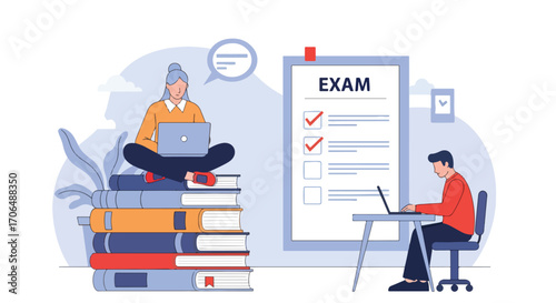 Flat illustration of students preparing for exam with laptops, sitting on books and at desk with checklist, representing online learning, study preparation, and digital education