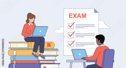 Flat illustration of students preparing for exam with laptops, sitting on books and at desk with checklist, representing online learning, study preparation, and digital education