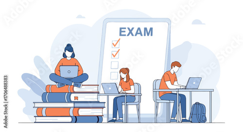 Flat illustration of students preparing for exam with laptops, sitting on books and at desk with checklist, representing online learning, study preparation, and digital education