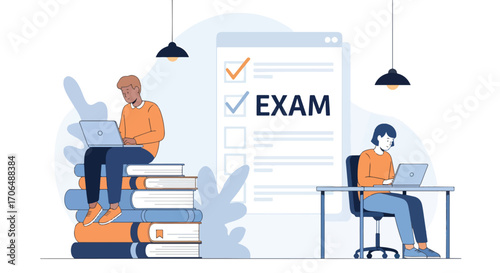 Flat illustration of students preparing for exam with laptops, sitting on books and at desk with checklist, representing online learning, study preparation, and digital education