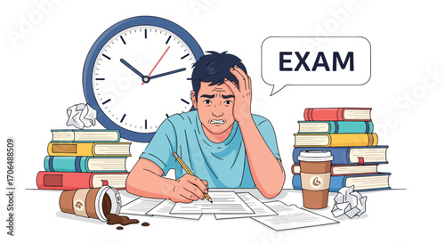Illustration of stressed student studying for exam surrounded by books, papers, and coffee cups with clock in background, symbolizing academic pressure, deadlines, and study stress