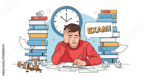 Illustration of stressed student studying for exam surrounded by books, papers, and coffee cups with clock in background, symbolizing academic pressure, deadlines, and study stress