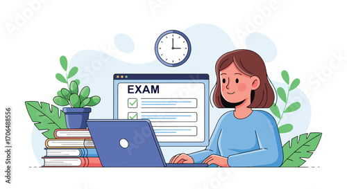 Flat illustration of student taking online exam on laptop with checklist and books, representing digital education, e-learning, study preparation, and academic testing in modern learning environment