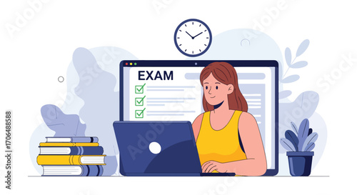Flat illustration of student taking online exam on laptop with checklist and books, representing digital education, e-learning, study preparation, and academic testing in modern learning environment