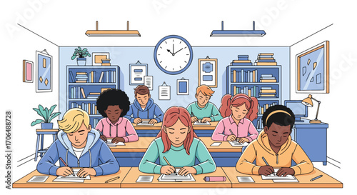 Illustration of students sitting in classroom focused on writing exams under time pressure, representing education, academic testing, studying, and evaluation in a school environment
