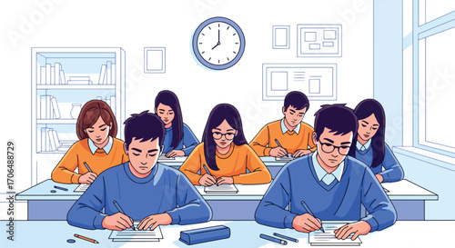 Illustration of students sitting in classroom focused on writing exams under time pressure, representing education, academic testing, studying, and evaluation in a school environment