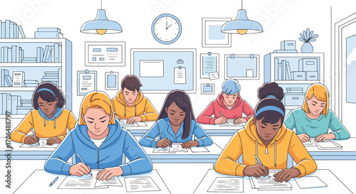 Illustration of students sitting in classroom focused on writing exams under time pressure, representing education, academic testing, studying, and evaluation in a school environment