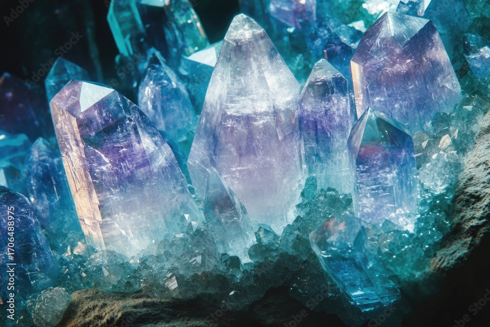 Obraz premium A cluster of vibrant blue and purple crystals, sharply defined points and facets, glowing from within.