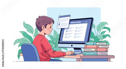 Illustration of student taking online exam on computer at desk with books, representing digital education, e-learning, remote testing, and academic preparation in modern study environment