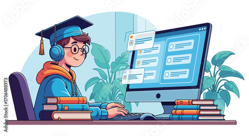 Illustration of student taking online exam on computer at desk with books, representing digital education, e-learning, remote testing, and academic preparation in modern study environment