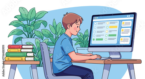 Illustration of student taking online exam on computer at desk with books, representing digital education, e-learning, remote testing, and academic preparation in modern study environment
