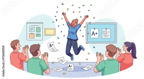 Illustration of happy student celebrating excellent exam results with A+ grade while classmates applaud, symbolizing academic success, achievement, motivation, and positive learning environment