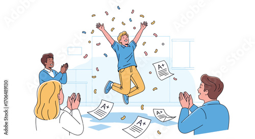 Illustration of happy student celebrating excellent exam results with A+ grade while classmates applaud, symbolizing academic success, achievement, motivation, and positive learning environment