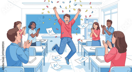 Illustration of happy student celebrating excellent exam results with A+ grade while classmates applaud, symbolizing academic success, achievement, motivation, and positive learning environment
